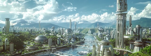 Poster - futuristic city powered by clean renewable energy sources in a sustainable urban landscape