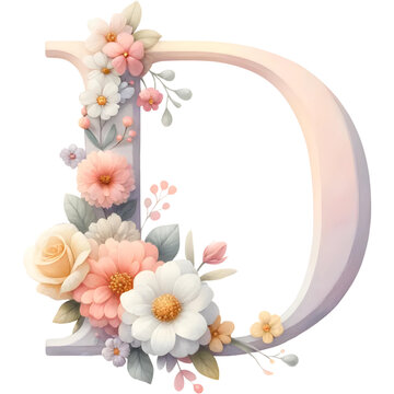 Floral Alphabet Letter Pastel Color Watercolor Illustration, PNG on a Transparent Background