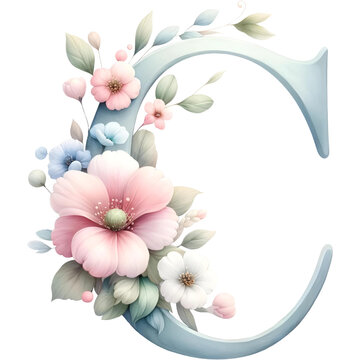 Floral Alphabet Letter Pastel Color Watercolor Illustration, PNG on a Transparent Background