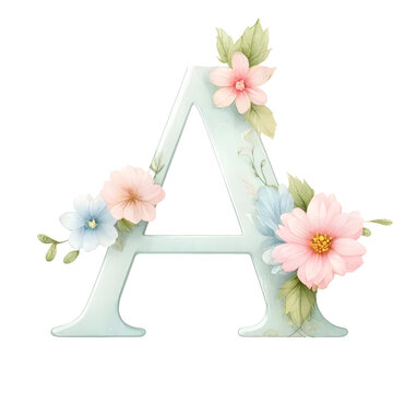 Floral Alphabet Letter Pastel Color Watercolor Illustration, PNG on a Transparent Background
