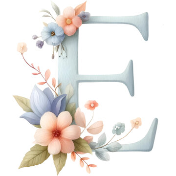 Floral Alphabet Letter Pastel Color Watercolor Illustration, PNG on a Transparent Background