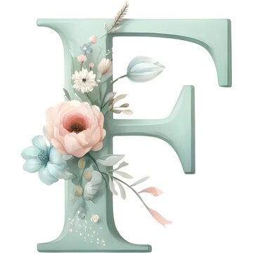 Floral Alphabet Letter Pastel Color Watercolor Illustration, PNG on a Transparent Background