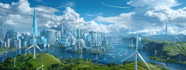 Poster - a futuristic metropolis powered by renewable energy and sustainable technologies