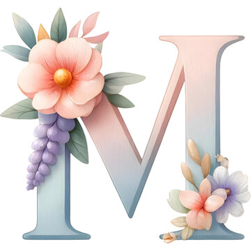 Floral Alphabet Letter Pastel Color Watercolor Illustration, PNG on a Transparent Background