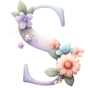 Floral Alphabet Letter Pastel Color Watercolor Illustration, PNG on a Transparent Background