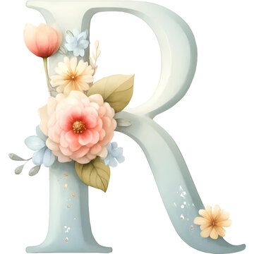 Floral Alphabet Letter Pastel Color Watercolor Illustration, PNG on a Transparent Background