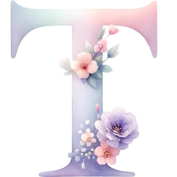 Floral Alphabet Letter Pastel Color Watercolor Illustration, PNG on a Transparent Background