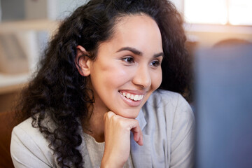 Poster - Thinking, smile and business woman in office e reading email feedback, results or project proposal review. Idea, planning and law firm intern with idea inspiration, research or upskill application