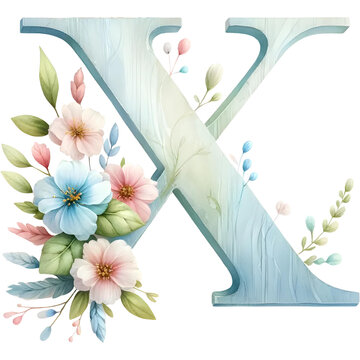 Floral Alphabet Letter Pastel Color Watercolor Illustration, PNG on a Transparent Background