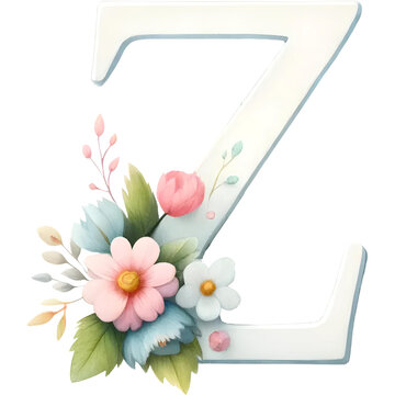 Floral Alphabet Letter Pastel Color Watercolor Illustration, PNG on a Transparent Background