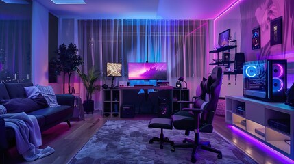 rgb room with purple and blue LED lights, a gaming chair
