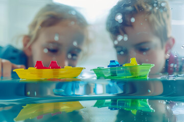 Poster - Inquisitive minds experimenting with the principles of buoyancy and fluid dynamics by building and testing boats in a tub of water. Concept of maritime engineering and physics. Generative Ai.