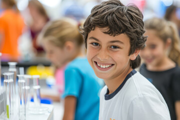 Poster - Excited kids attending a science fair, showcasing their projects and experiments on topics ranging from robotics to environmental science. Generative Ai.