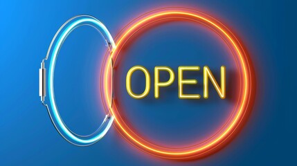 Sticker - open sign with neon rings on blue background