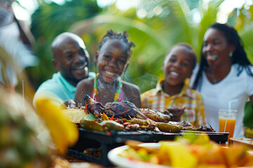 Poster - A joyful Jamaican family gathering for a backyard barbecue, grooving to reggae music and feasting on jerk chicken and plantains. Concept of cultural celebration and culinary delight. Generative Ai.