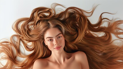 Wall Mural - A beautiful caucasian woman showcasing long, smooth, and shiny caramel hair, advertising for hair dye products, hair care, white solid color background, copy space.