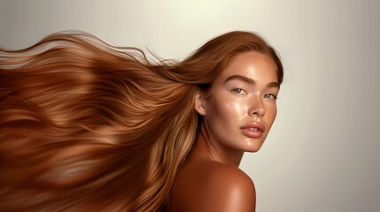 Wall Mural - A beautiful caucasian woman showcasing long, smooth, and shiny caramel hair, advertising for hair dye products, hair care, white solid color background, copy space.