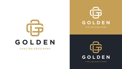 Poster - Golden Initial Letter G GG with Classic Rectangle Shape Line Art Logo Design