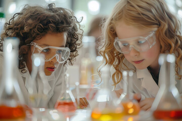 Poster - Enthusiastic children conducting experiments in a laboratory, donning safety goggles and lab coats as they learn about chemical reactions and scientific principles.  Generative Ai.