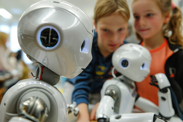 Aufkleber - inquisitive youngsters attending a robotics workshop, programming and assembling robots to perform t