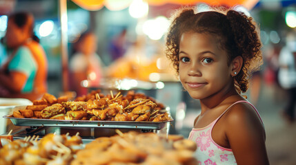 Sticker - A Brazilian girl exploring a bustling street food market