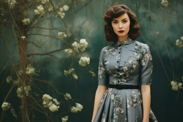 Wall Mural - Capturing vintage elegance in nature: a retro fashion portrait of a graceful woman in a classic dress among blooming flowers. Surrounded by natural greenery and pastel light