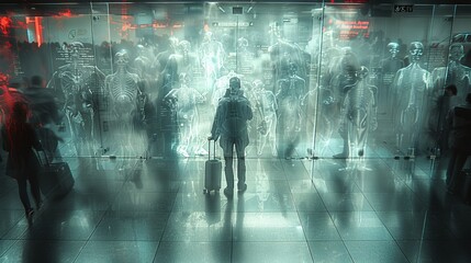 Wall Mural - A compelling top-down photograph capturing the intensity of airport security analysis, with X-ray scanners uncovering concealed items within carry-on luggage.