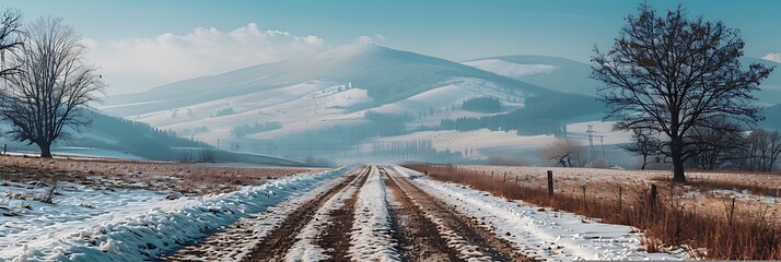 Wall Mural - mountainous rural landscape in wintertime, snow capped peak in the distance, wonderful sunny scenery in carpathian mountains, country road through snow covered field, leafless on the hillside