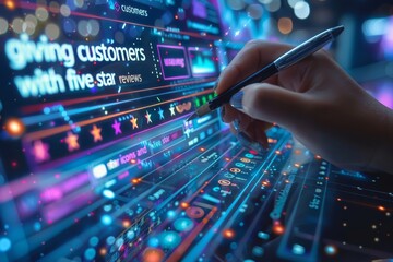 Poster - Close-up of a hand writing on a digital interface with glowing reviews and icons