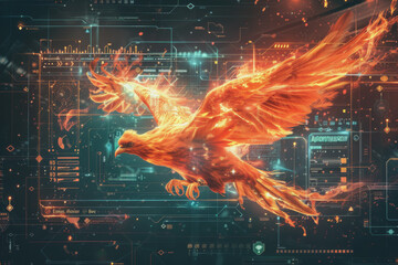 Wall Mural - The flames formed the outline of a phoenix. and icons showcase innovative technology.