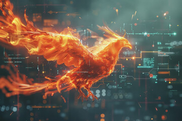 Wall Mural - The flames formed the outline of a phoenix. and icons showcase innovative technology.