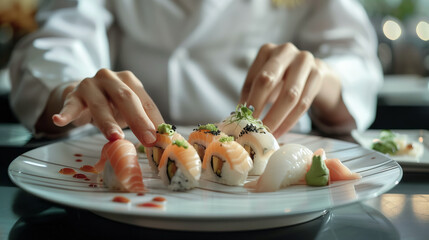 Poster - A Japanese woman elegantly arranging a plate of sushi nigiri