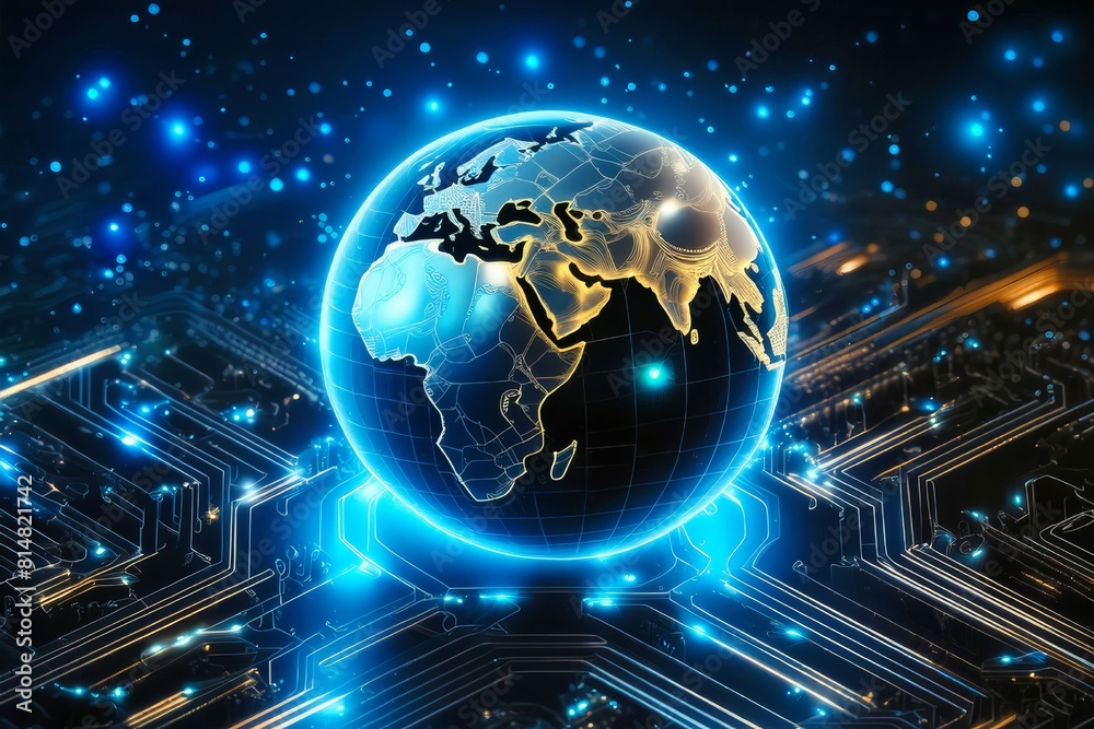 Glowing digital globe with blue and gold continents floating above a ...