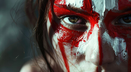 A beautiful model with grey and red paint dripping down her face, the background is white