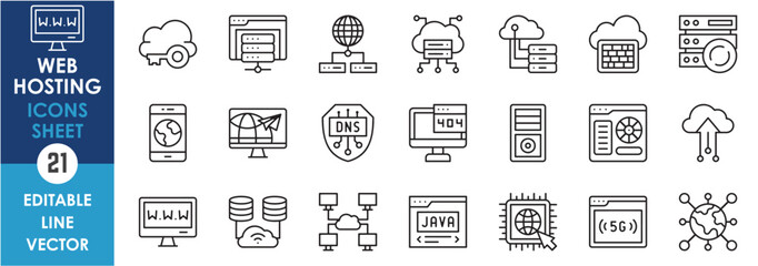 A set of line icons related to web hosting. Outline icons with internet, cloud computing, data, server, networking and so on.
