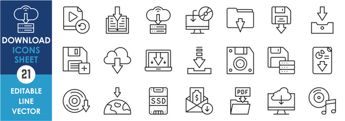 Fototapete - A set of line icons related to download. Outline icons with download, save, transfer, and so on.
