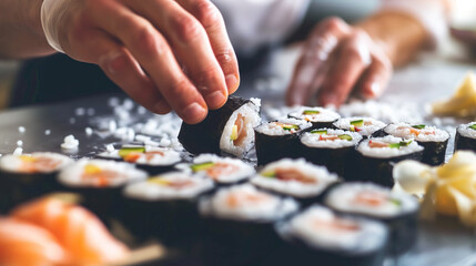 Poster - A person skillfully rolling sushi, expertly assembling rice, fish, and nori into perfectly crafted rolls