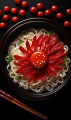 Wall Mural - An overhead photo of chopsticks with udon noodles in a nest shape, green peas and red peppers, shot from the top