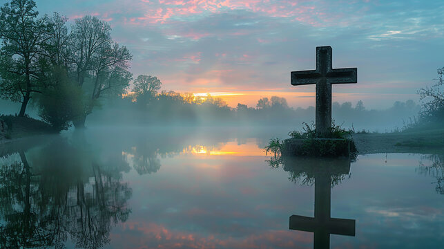 A Christian cross at the edge of a reflective lake during a foggy sunrise, with the cross and the surrounding trees enveloped in a soft, ethereal mist.