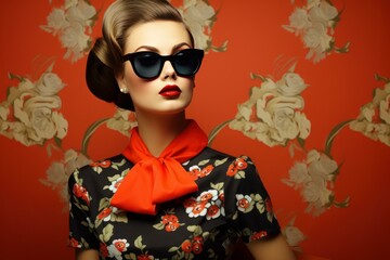 Wall Mural - Stylish woman in retro attire poses with sunglasses against a rose-pattern backdrop