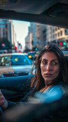 Poster - A woman confidently driving her car through bustling city streets during rush hour traffic, focused and composed behind the wheel