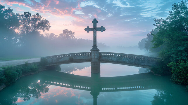 A Christian cross on a bridge over a tranquil river, with early morning fog creating a soft, dreamy atmosphere that enhances the spirituality of the scene.