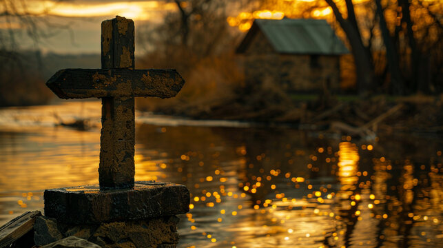 A Christian cross at an old mill by a river, with water reflecting the golden bokeh of twilight, creating a tranquil scene that combines heritage with spiritual symbolism.