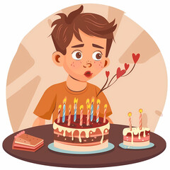 Boy blowing candles on cake birthday party vector image