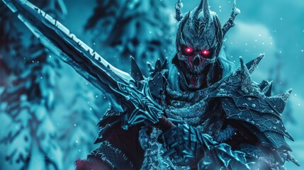 Wall Mural - Photo of Red-eyed Frozen Demon King in an ice warrior outfit holding an ice sword