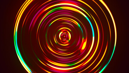 Poster - Colorful concentric neon circle. Multicolor RGB swirl background. Neon futuristic abstract magic circle. Spiral illustration. Wavy pattern. 3D rendering.