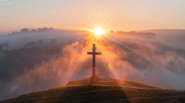 A Christian cross at the top of a rolling hill during a foggy sunrise, with the sun's rays piercing the fog around the cross, creating a heavenly spotlight.