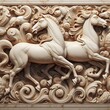 This exquisitely rendered sculptural relief captures the sensual grace and flowing forms of intertwined horses amidst an ornate baroque-style background of swirling patterns