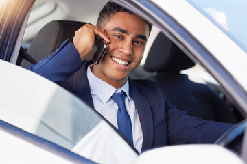 Poster - Car window, phone call and portrait of business man in suit for morning commute or travel to work. Face, drive or transport and smile of happy corporate employee with mobile for communication