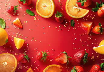 Wall Mural - Fruit explosion on a red background, with flying fruits like strawberries and pineapples in the air, alongside oranges, pears, apples, and kiwi